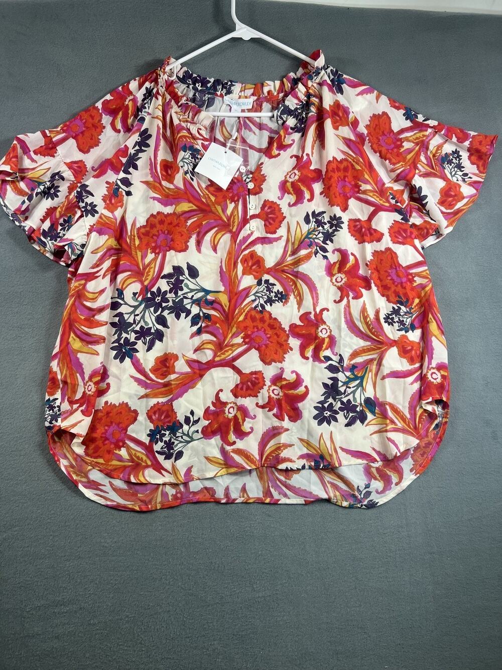 Cynthia Rowley Floral Blouse 2X NWT Ruffle V-Neck Flutter Sleeve Multicolor
